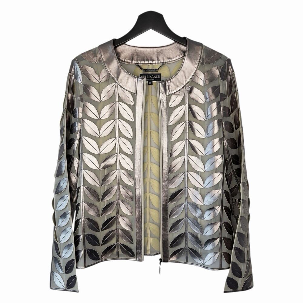 Ellyndale Silver Gun Faux Leather Leaves Jacket Mesh Sheer Metallic Size Medium